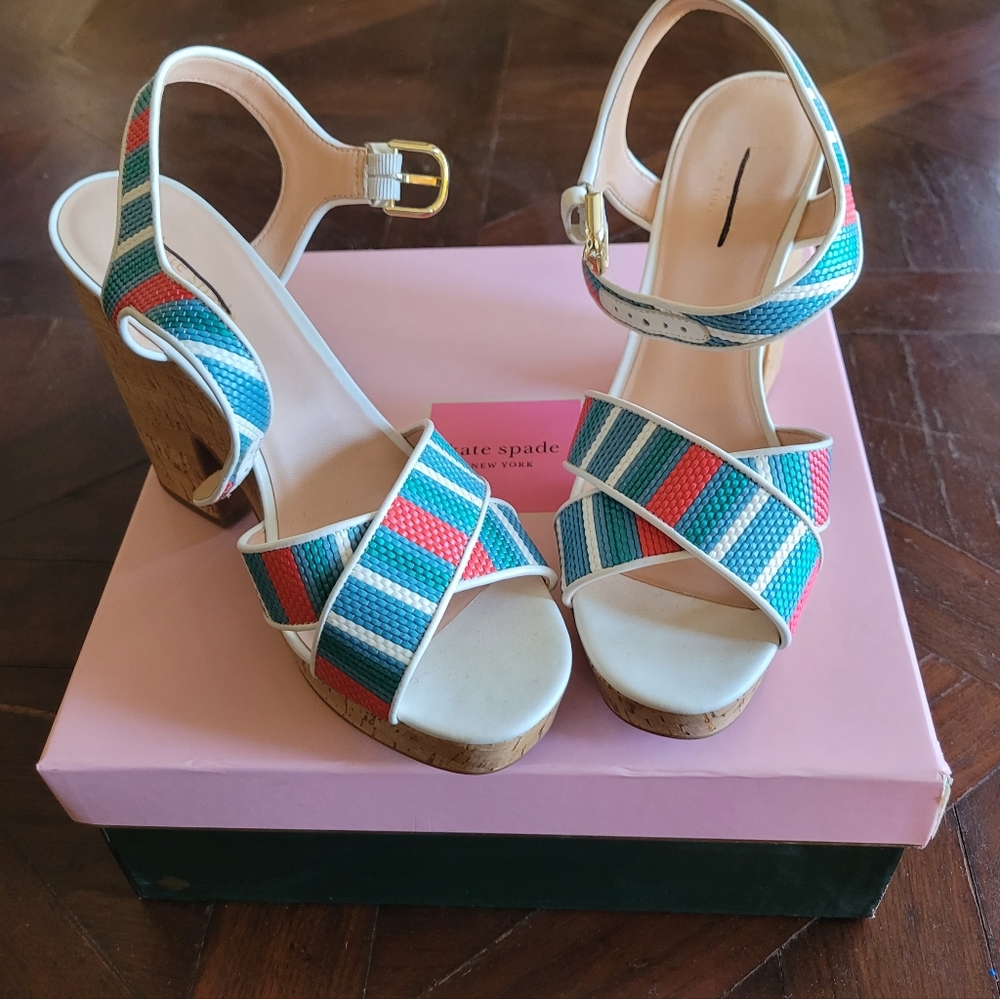 Kate Spade New York Grace Striped Raffia Platform Cork Heels Sandals size 10B - Picture 2 of 5